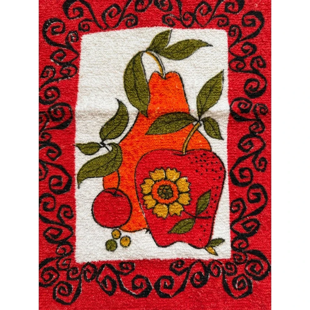 Vintage 70s Fruit Kitchen Towel Cotton Fringe Pear Apple Red White Made in USA